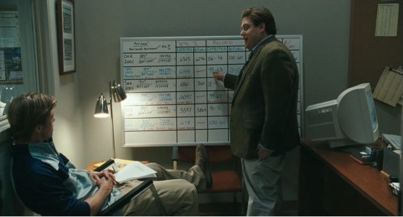 kuva elokuvasta Moneyball, Jonah Hill näyttelee yhtä pääosista